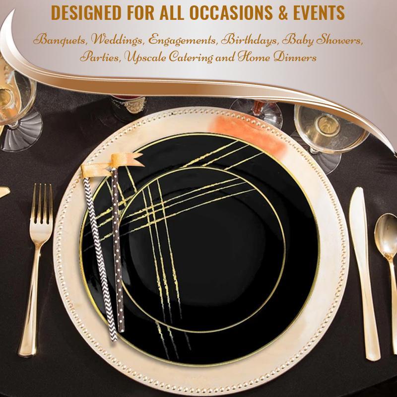 10.25" Black with Gold Brushstroke Round Plastic Disposable Dinner Plates (120 Per Case)
