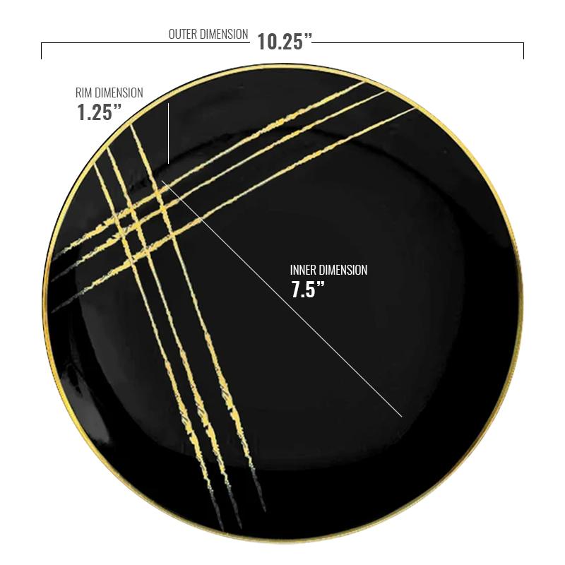 10.25" Black with Gold Brushstroke Round Plastic Disposable Dinner Plates (120 Per Case)