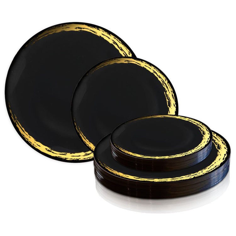 10.25" Black with Gold Moonlight Round Plastic Dinner Plates (120 Plates Per Case)