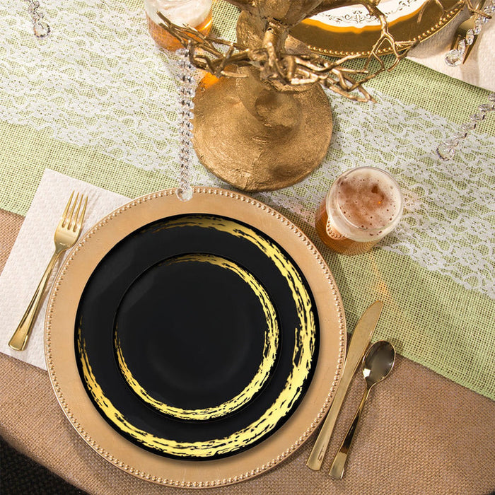 7.5" Black with Gold Moonlight Round Plastic Dinner Plates (120 Plates Per Case)