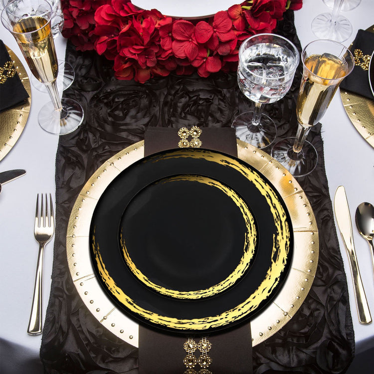 7.5" Black with Gold Moonlight Round Plastic Dinner Plates (120 Plates Per Case)