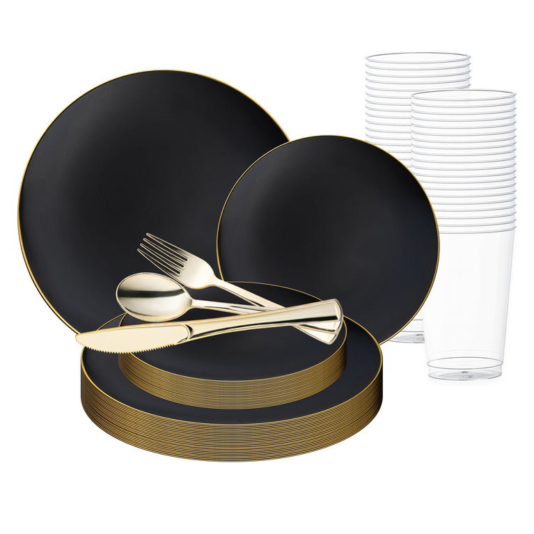 Organic Round With Gold Rim Disposable Dinnerware Set – Elegant Plastic Plates for Events