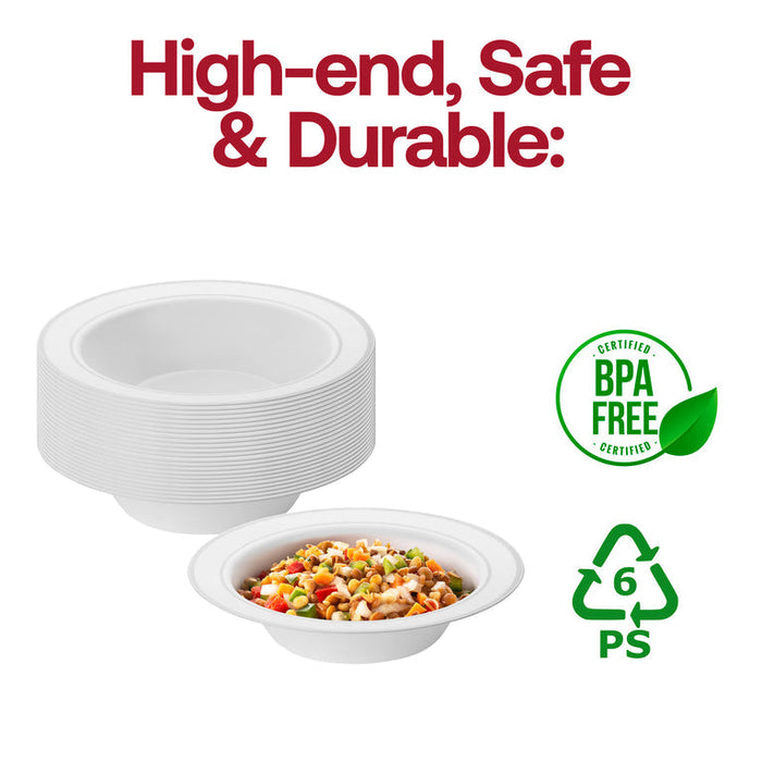 White with Silver Rim Plastic Soup Bowls – 12 oz