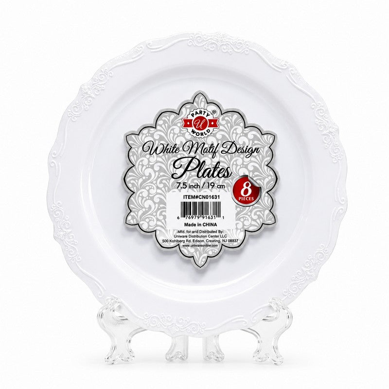 7.5 inch white motif designer plastic plates