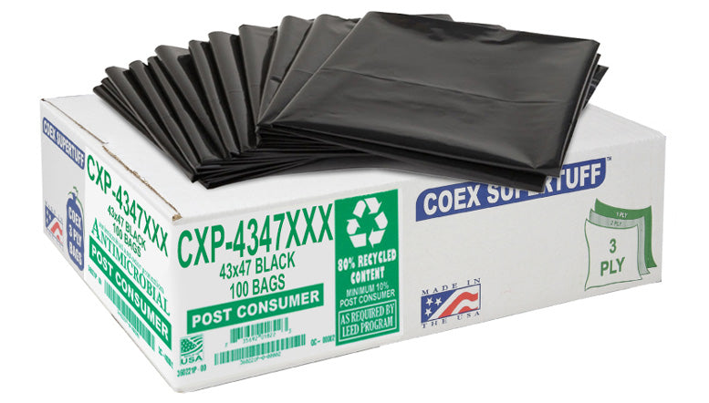 Aluf Plastics CXP-4347XXX COEX Supertuff 56 gallon black antimicrobial trash bags case of 100