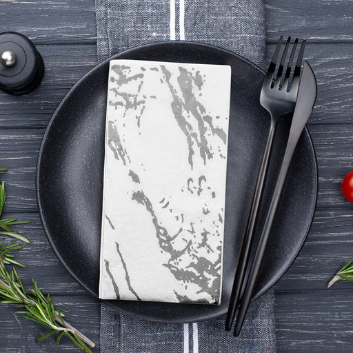 Durable White with Silver Marble Paper Dinner Napkins