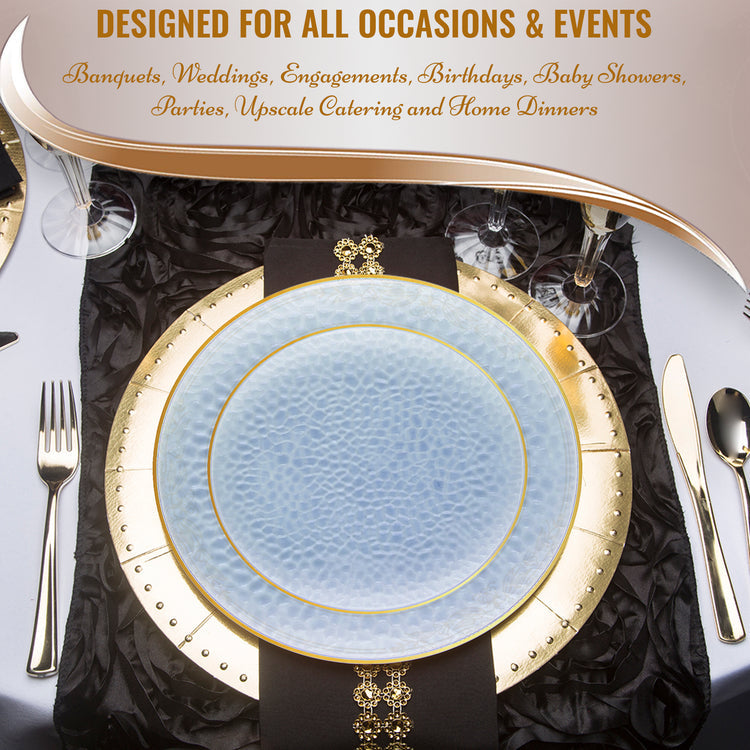Clear Blue with Gold Rim Hammered Glass Plastic Plates