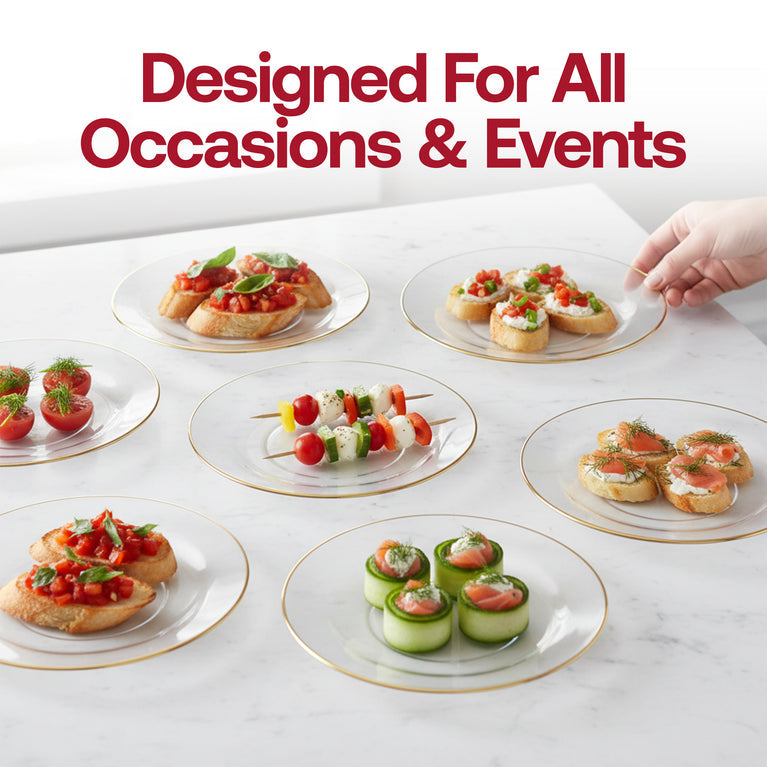 Organic Round With Gold Rim Disposable Dinnerware Set – Elegant Plastic Plates for Events