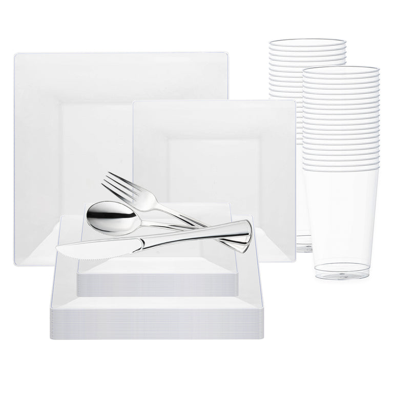 Square Plastic Disposable Dinnerware Set – Elegant Plastic Plates for Events