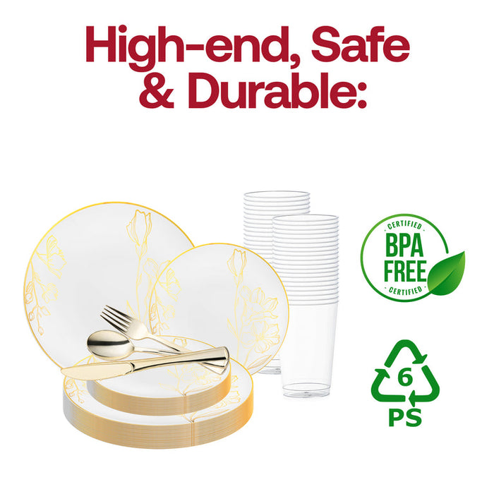 White & Gold Antique Floral Disposable Dinnerware Set – Elegant Plastic Plates for Events