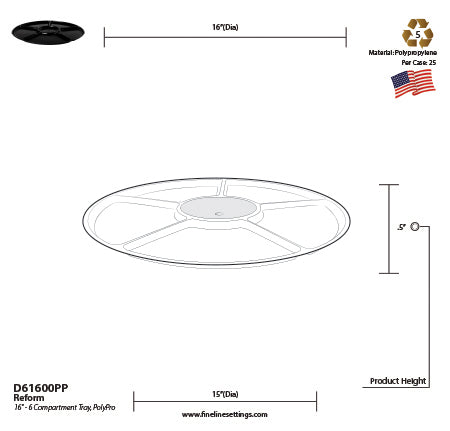 16" - 6 COMPARTMENT TRAY  POLYPRO (25 Trays Per Case)