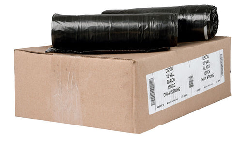 Aluf Plastics DS33K- 33 Gallon 1 MIL Black Garbage Bags With Drawstrings - 34" x 40" - Pack of 150