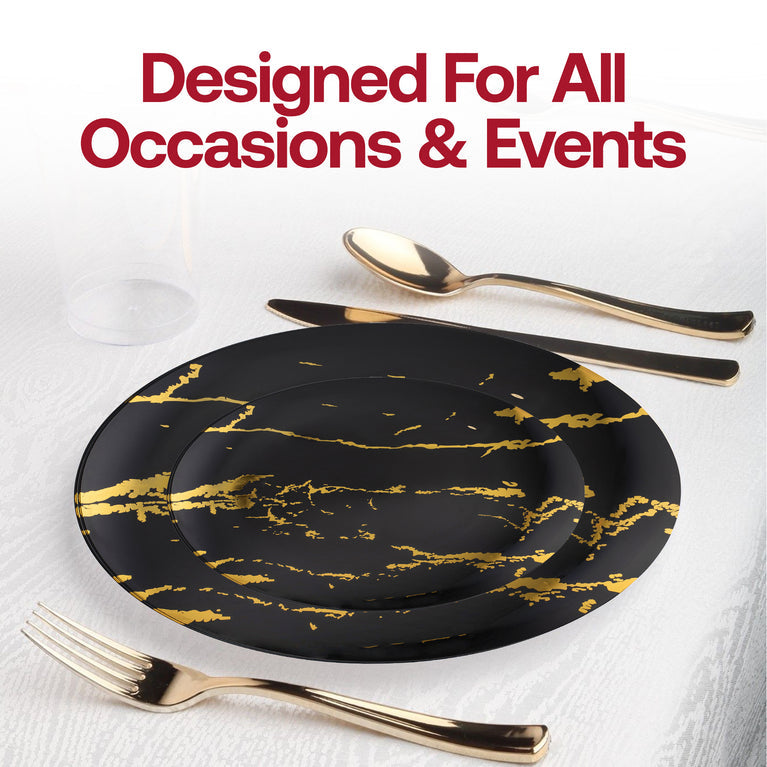 Black & Gold Marble Stroke Round Disposable Plastic Plates