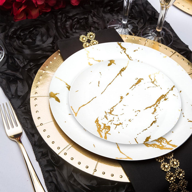 White & Gold Marble Stroke Round Disposable Plastic Plates