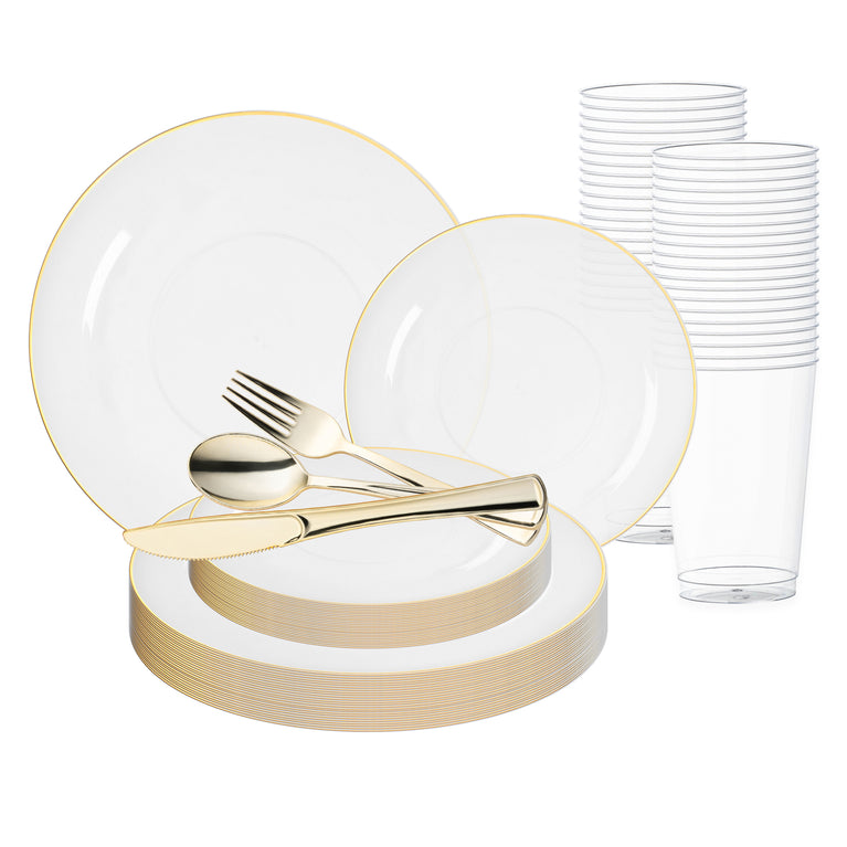 Organic Round With Gold Rim Disposable Dinnerware Set – Elegant Plastic Plates for Events