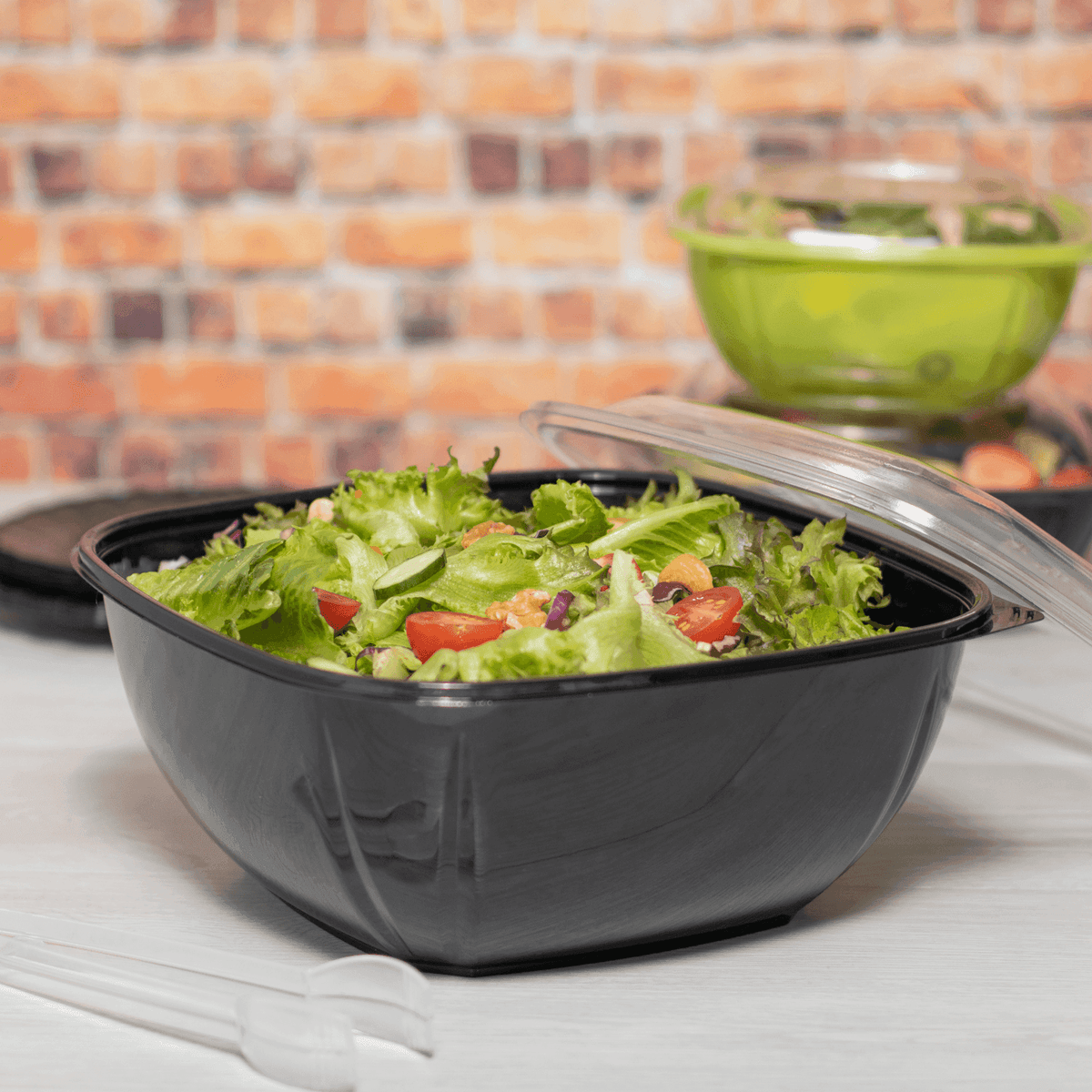 160 oz black square plastic salad serving bowl Karat FP-BS160-PETB