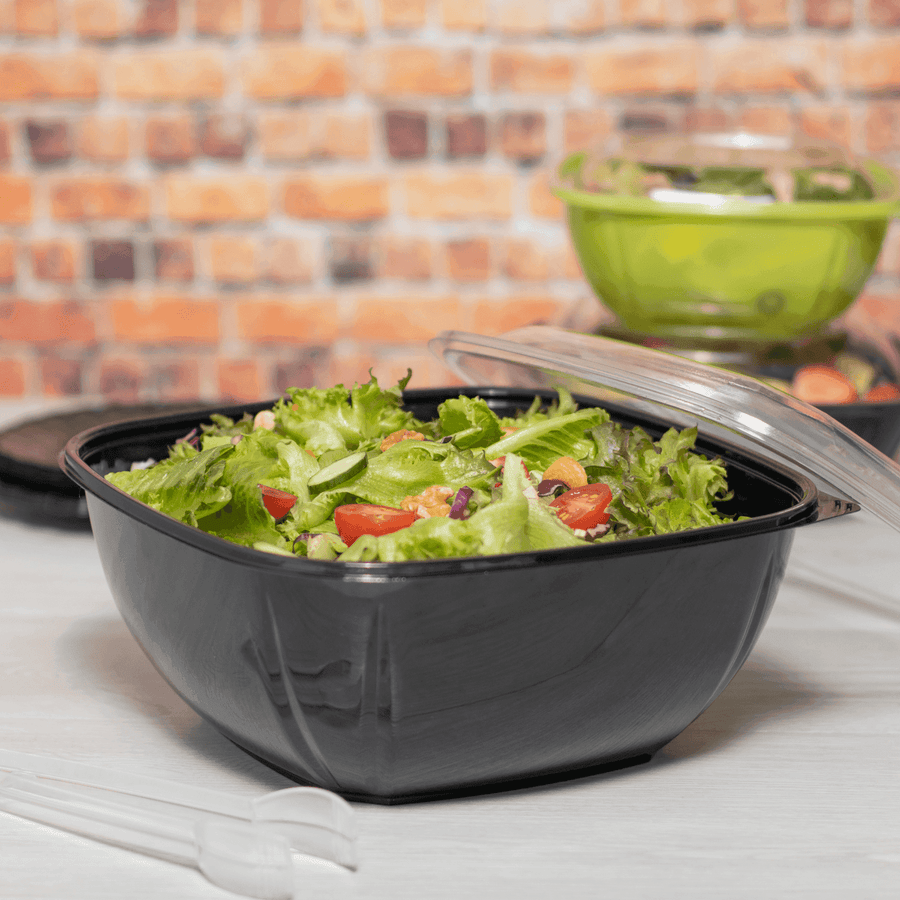 160 oz black square plastic salad serving bowl Karat FP-BS160-PETB