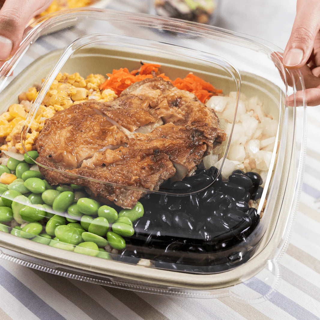 PET Dome Lid for 24, 32, 48 oz Bagasse Square Bowl - 300 pcs