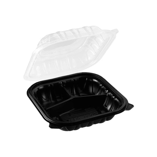 8" x 8" 3-Comparment Premium PP Hinged Container (150 Per Case)
