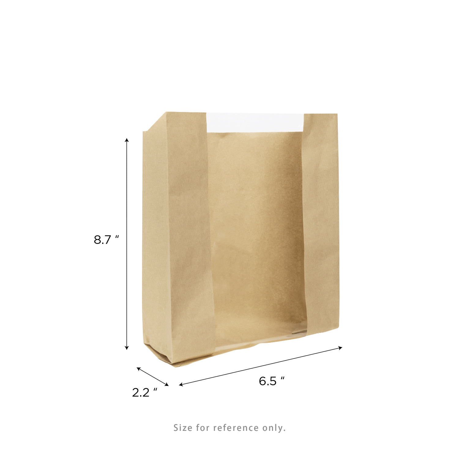 Windowed kraft pastry bag dimensions and gusseted base detail