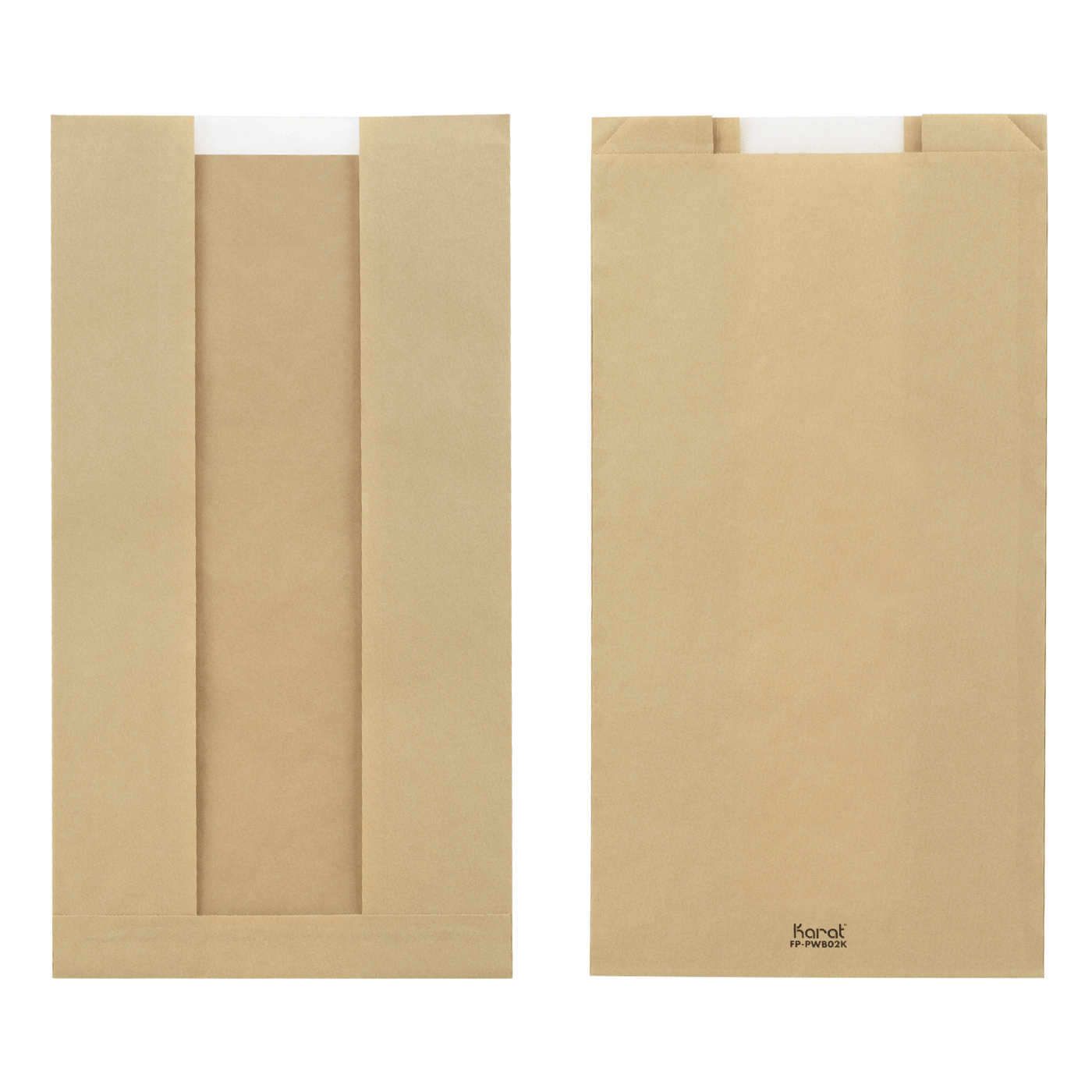 Large kraft paper bread bag with clear window holding a sandwich loaf