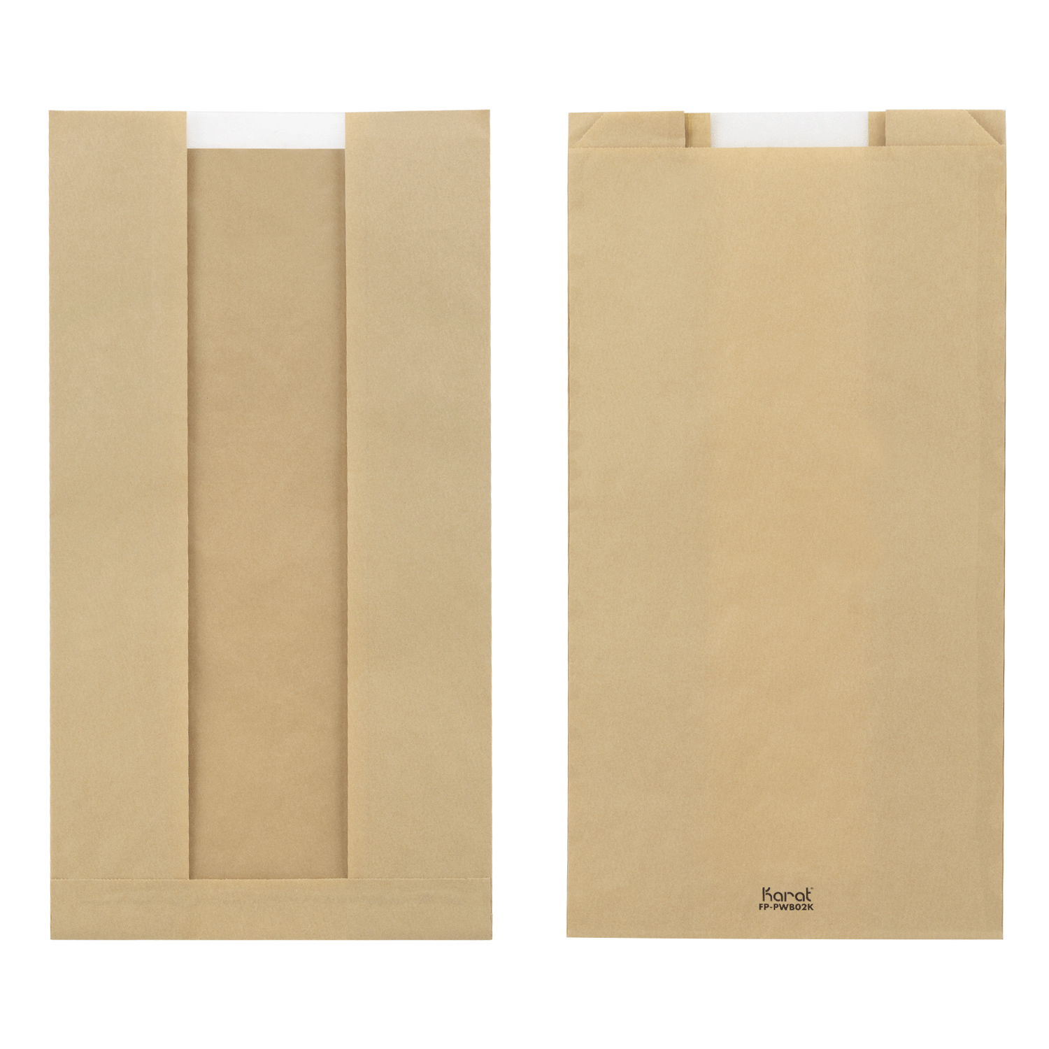 Large kraft paper bread bag with clear window holding a sandwich loaf