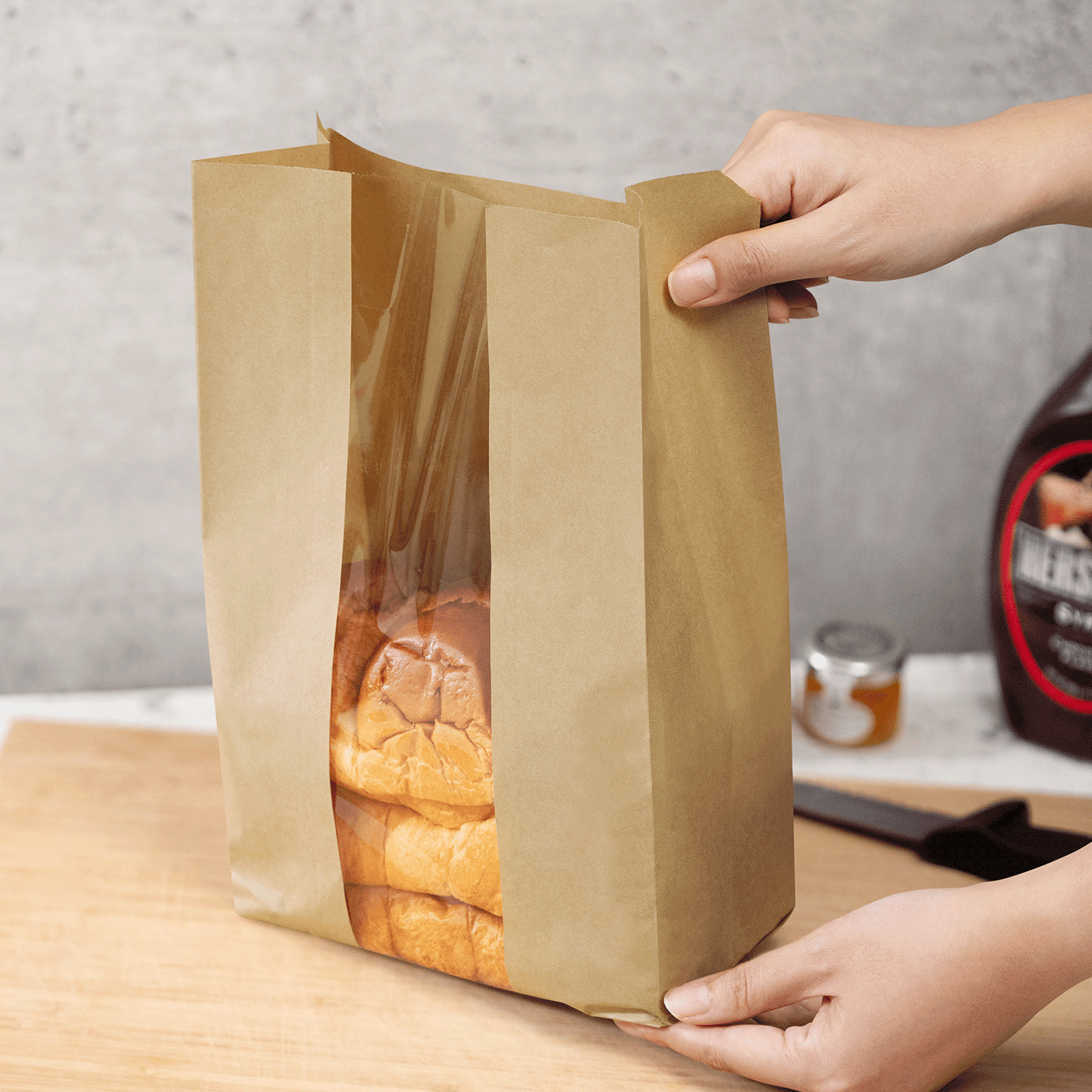 Tall windowed kraft bakery bag for sourdough and baguettes
