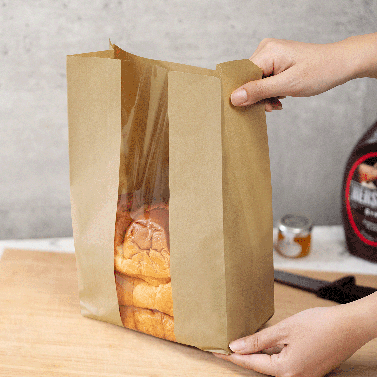Tall windowed kraft bakery bag for sourdough and baguettes