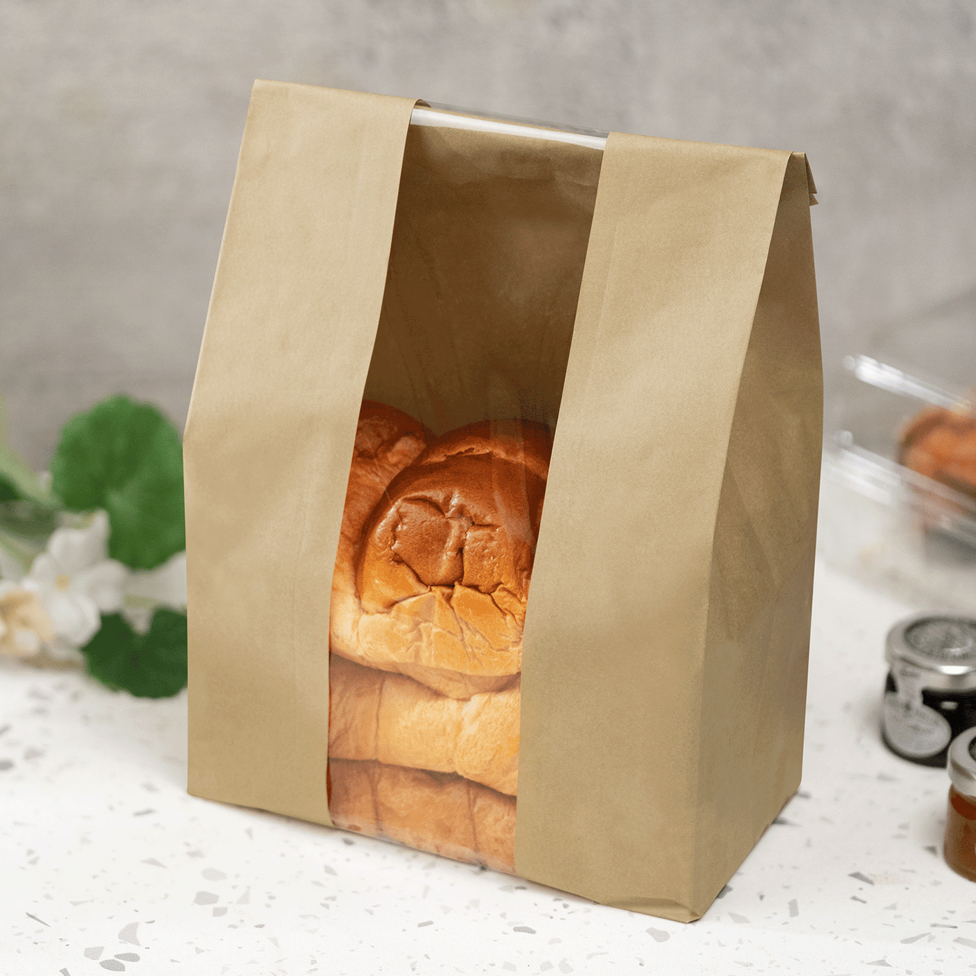 Kraft bread bag with window shown flat before folding