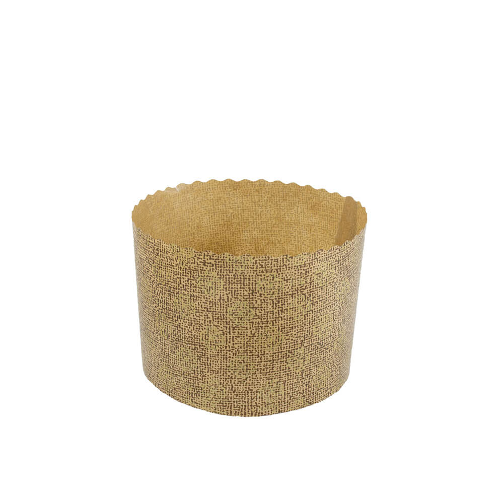 Novacart P 110/85 Panettone Paper Baking Mold with gold floret design on brown background, round free-standing mold