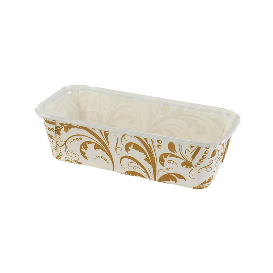 Novacart OP PlumK Bianco Ramage Paper Loaf Mold, White with Gold Scroll – 6-1/4" x 2-1/8" x 2" – 720/Case