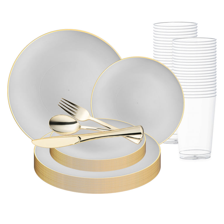 Organic Round With Gold Rim Disposable Dinnerware Set – Elegant Plastic Plates for Events