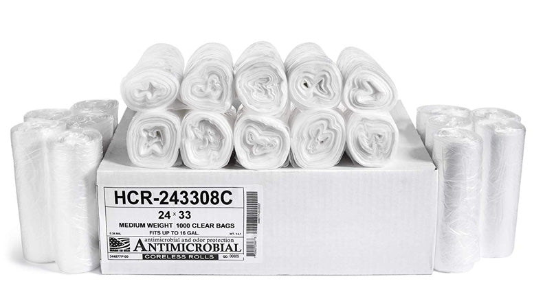 Aluf Plastics HCR-243308C High Density Star Sealed Coreless Roll Bags, 13 gal, Polyethylene, 24" x 33", Clear (Pack of 1000)
