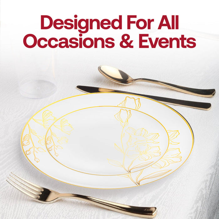 White & Gold Antique Floral Disposable Dinnerware Set – Elegant Plastic Plates for Events