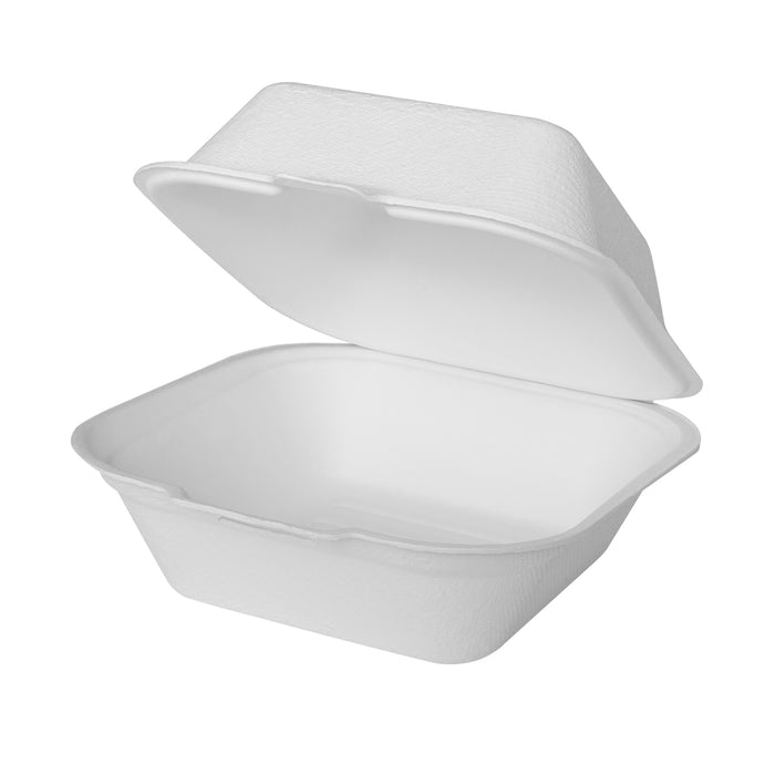 6''x6'' PFAS Free Compostable Bagasse Hinged Containers - 500 Containers