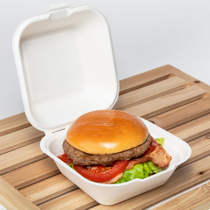 6''x6'' PFAS Free Compostable Bagasse Hinged Containers - 500 Containers