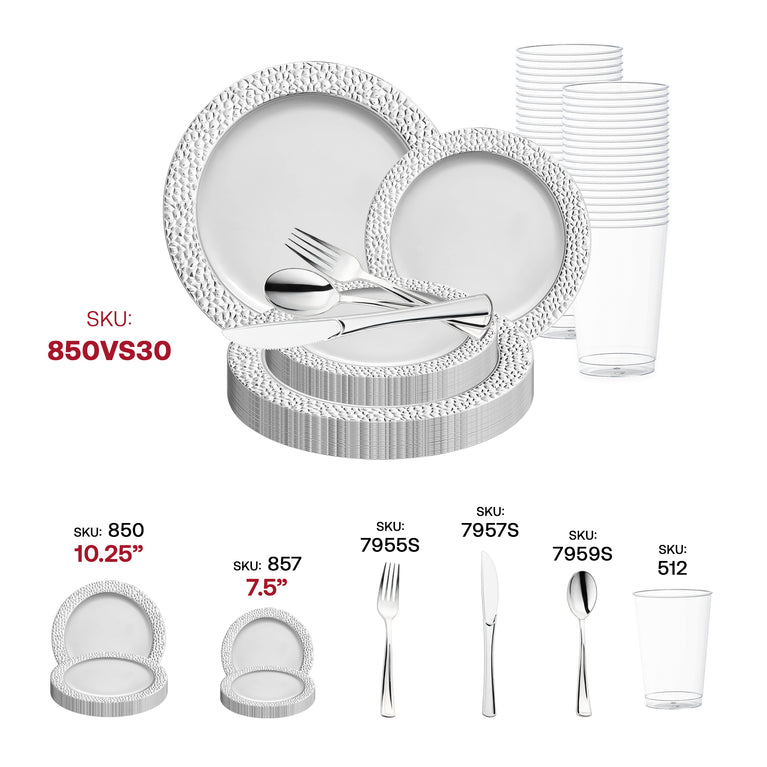 White with Silver Hammered Rim Round Plastic  Disposable Dinnerware Set – Elegant Plastic Plates for Events