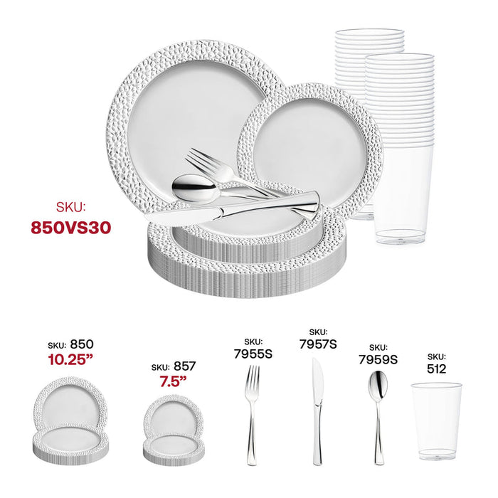White with Silver Hammered Rim Round Plastic  Disposable Dinnerware Set – Elegant Plastic Plates for Events