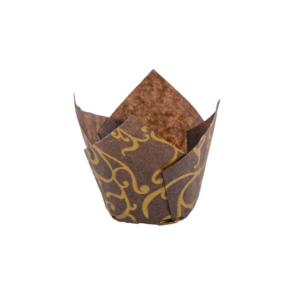 Novacart 132/50 Brown with Gold Scroll Tulip Baking Cup – 2" x 1-5/8" – 2,000/Case