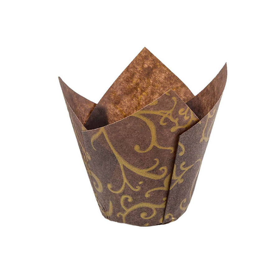 Novacart 160/50 Brown with Gold Scroll Tulip Baking Cup – 2" x 2-1/8" – 2,000/Case