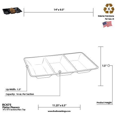 14" X 10" BLACK 3 SECTION TRAY (25 PER CASE)