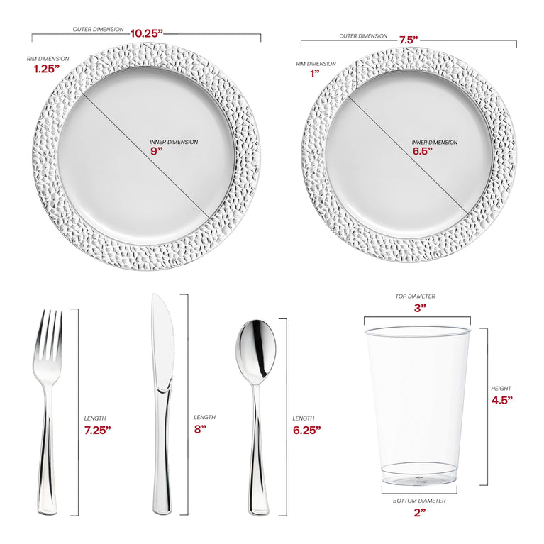 White with Silver Hammered Rim Round Plastic  Disposable Dinnerware Set – Elegant Plastic Plates for Events