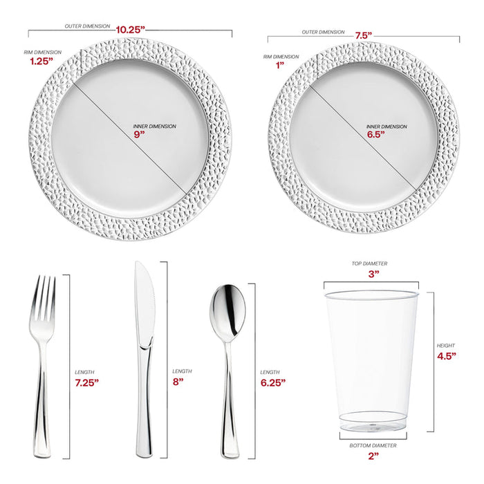 White with Silver Hammered Rim Round Plastic  Disposable Dinnerware Set – Elegant Plastic Plates for Events