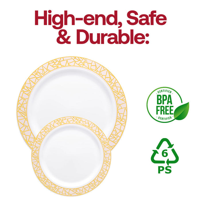 White Plastic Plates with Pink & Gold Mosaic Rim