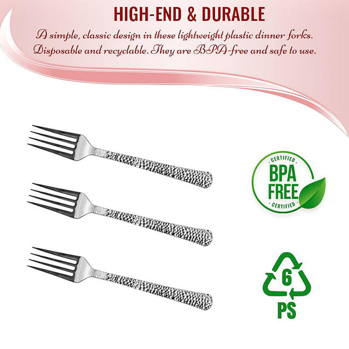 Shiny Metallic Silver Hammered Disposable Plastic Forks (1000 Per Case)
