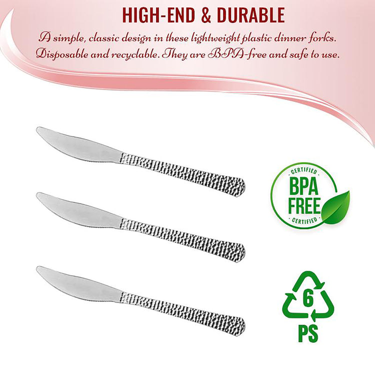 Shiny Metallic Silver Hammered Disposable Plastic Knives (1000 Per Case)