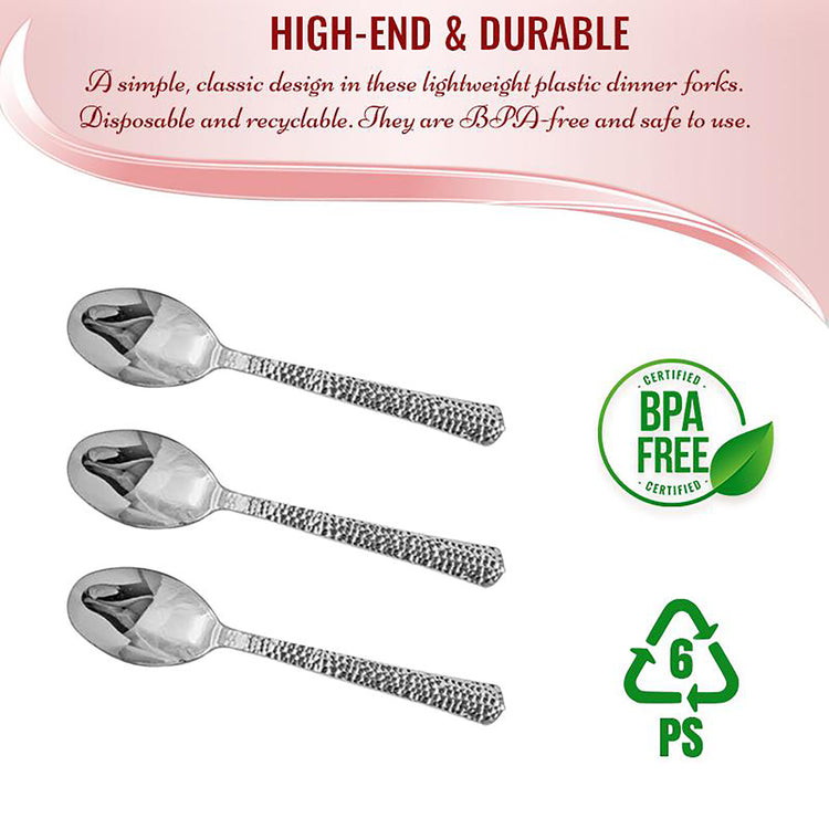 Shiny Metallic Silver Hammered Disposable Plastic Spoons (1000 Per Case)