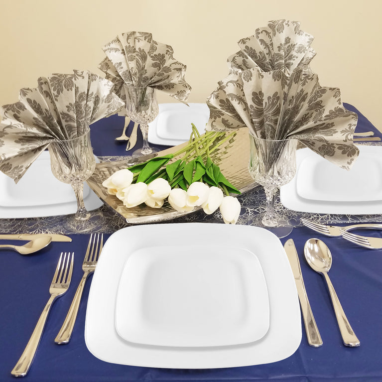 Solid White Flat Rounded Square Disposable Plastic Plates