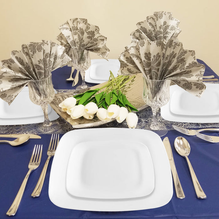 Solid White Flat Rounded Square Disposable Plastic Plates