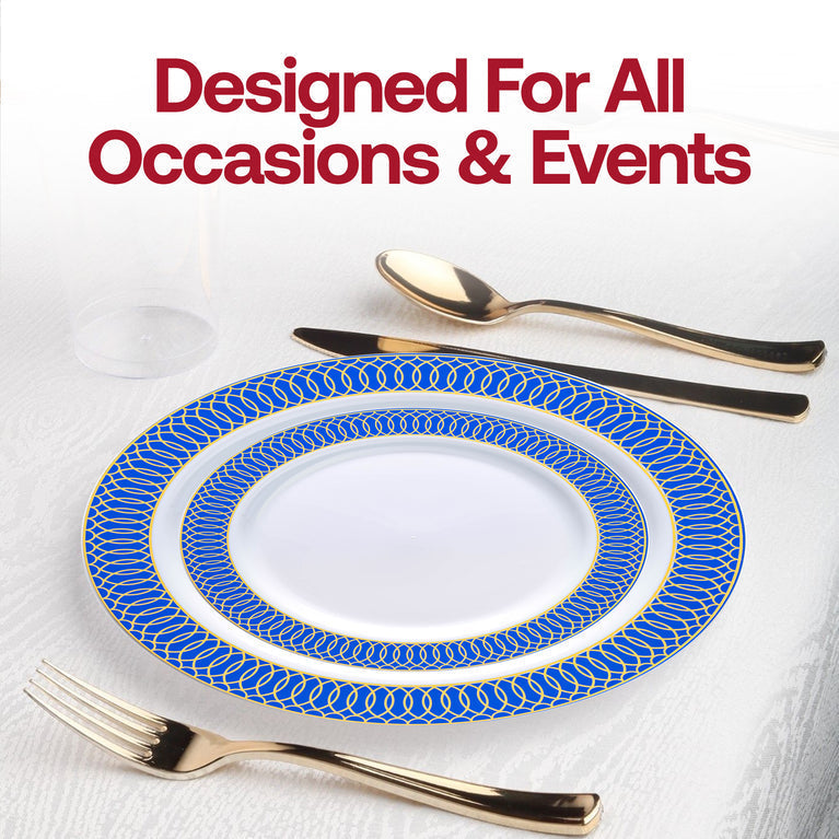 White with Gold Spiral on Blue Rim Plastic Plates